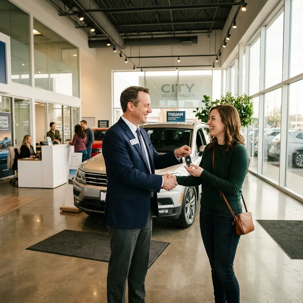 Car dealership team planning branded vehicle handover gifts