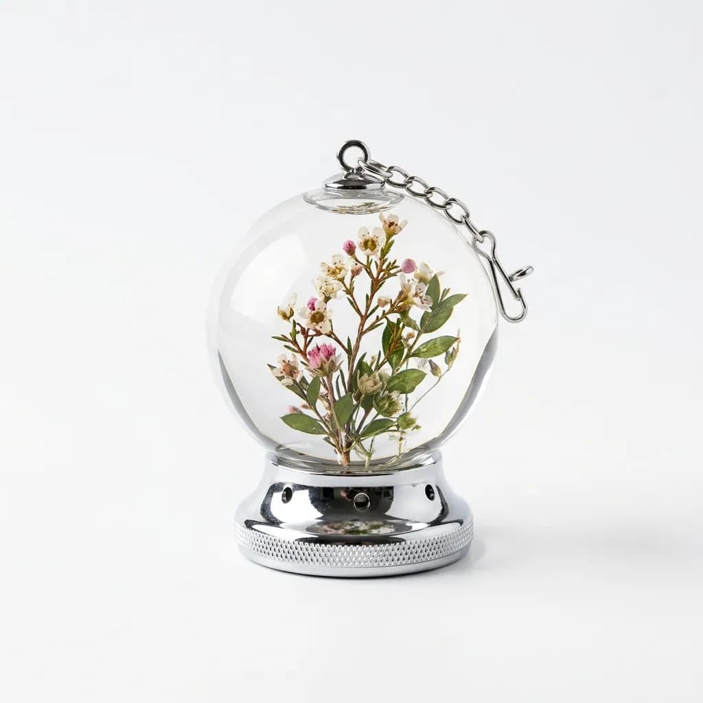 Crystal ball solar car air freshener shown as a custom automotive gift option