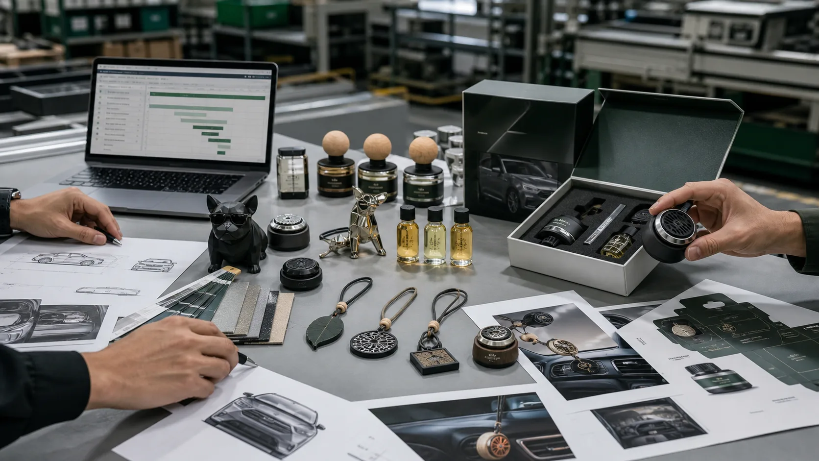 LANDRE factory sample desk with custom automotive gifts, materials, and packaging