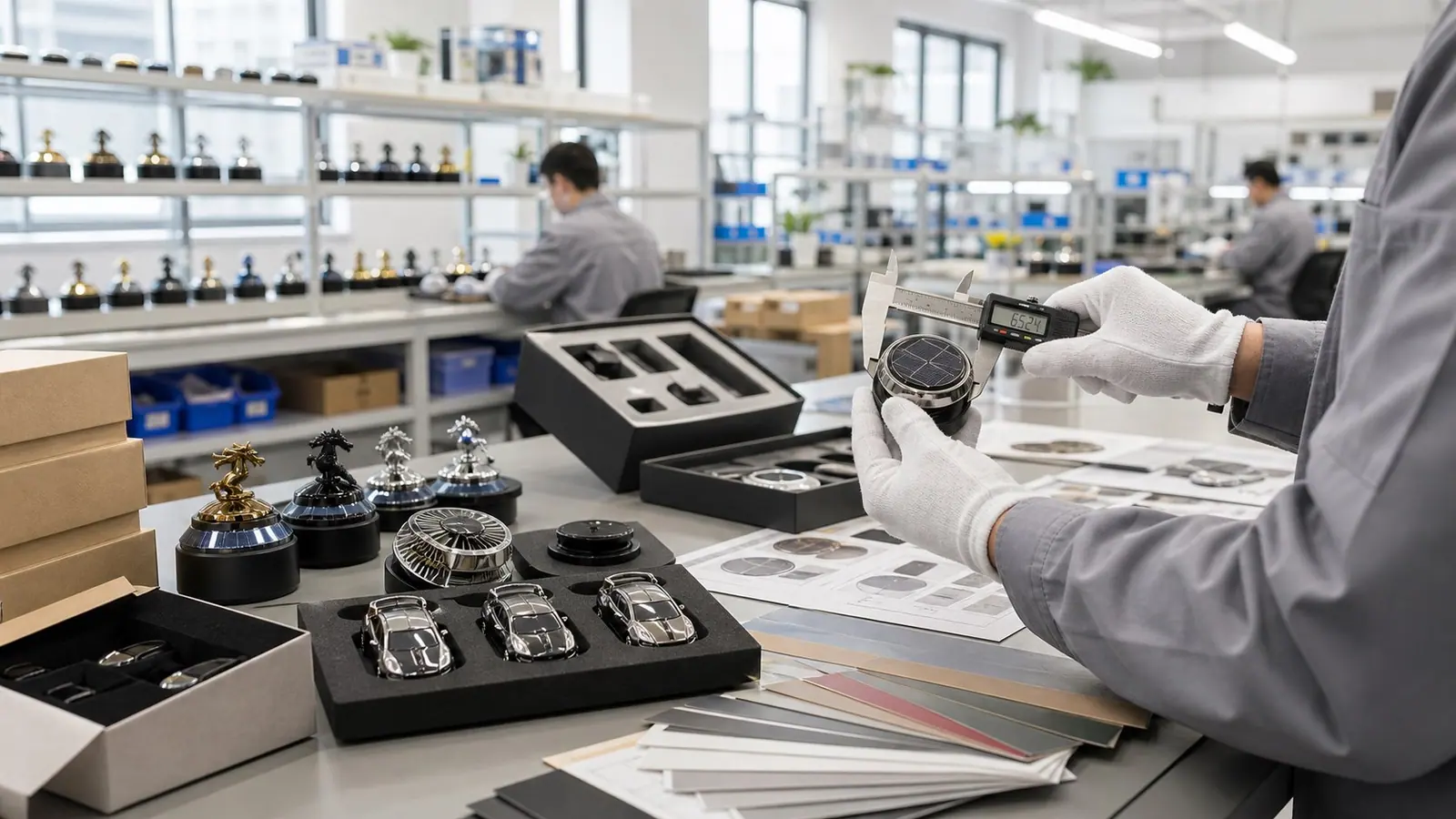 LANDRE worker inspecting custom car gift products at a QC workstation