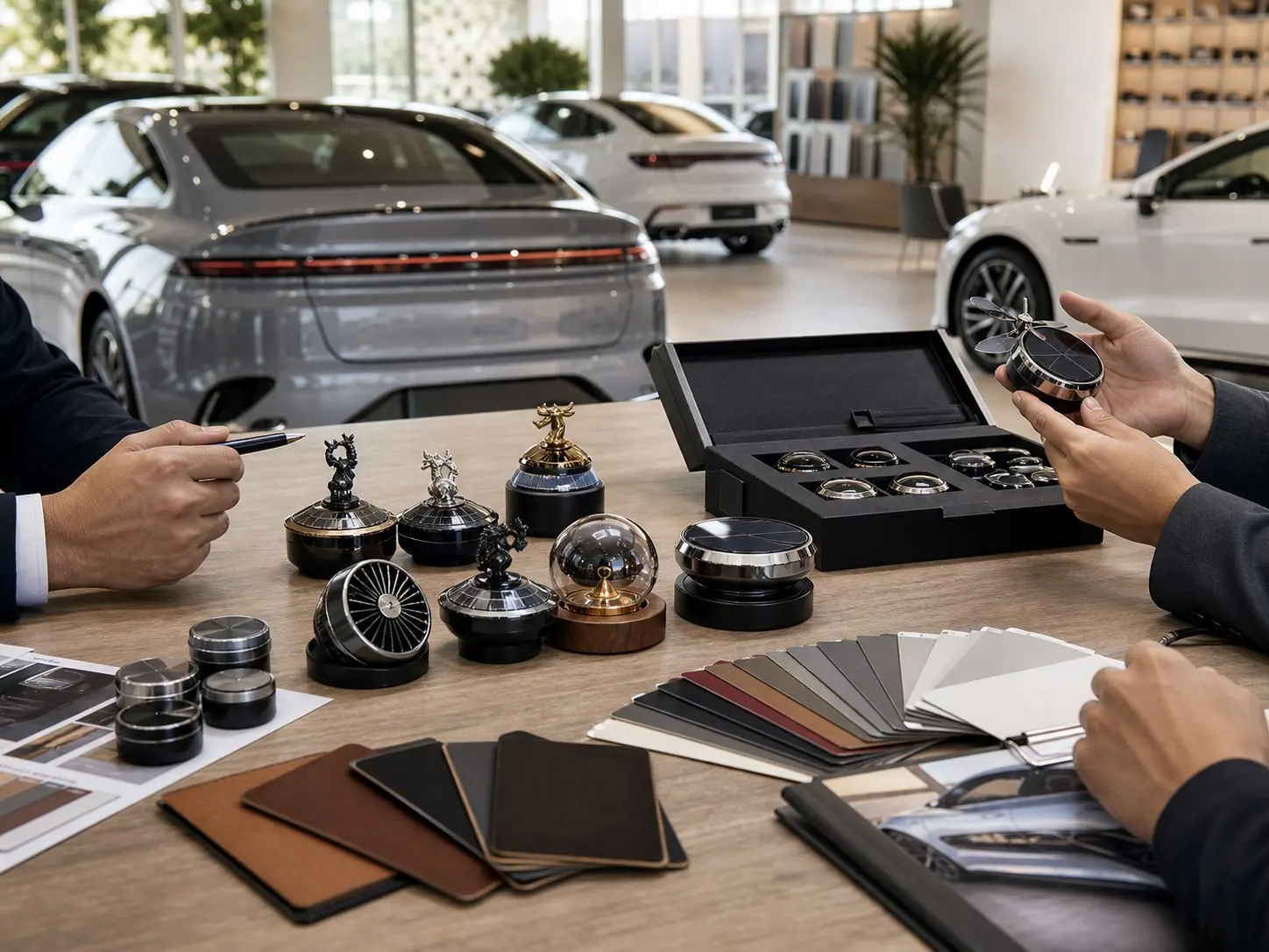 Car dealership buyer presenting a branded automotive handover gift
