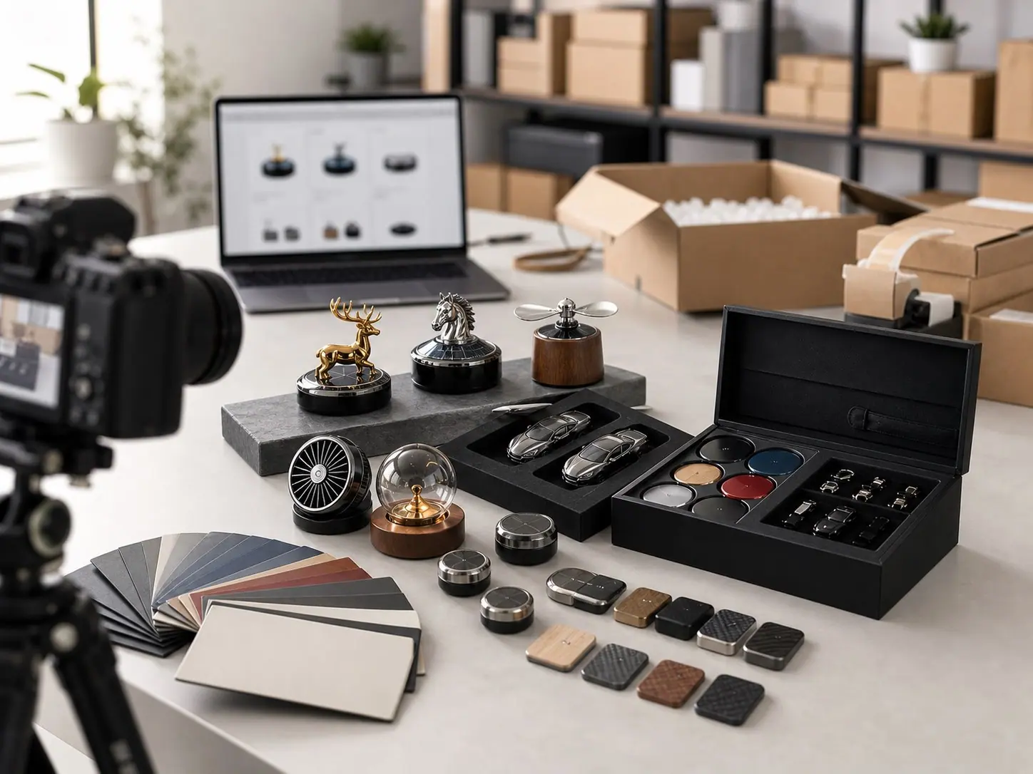Retail buyer reviewing automotive gift products, packaging, labels, and launch assets