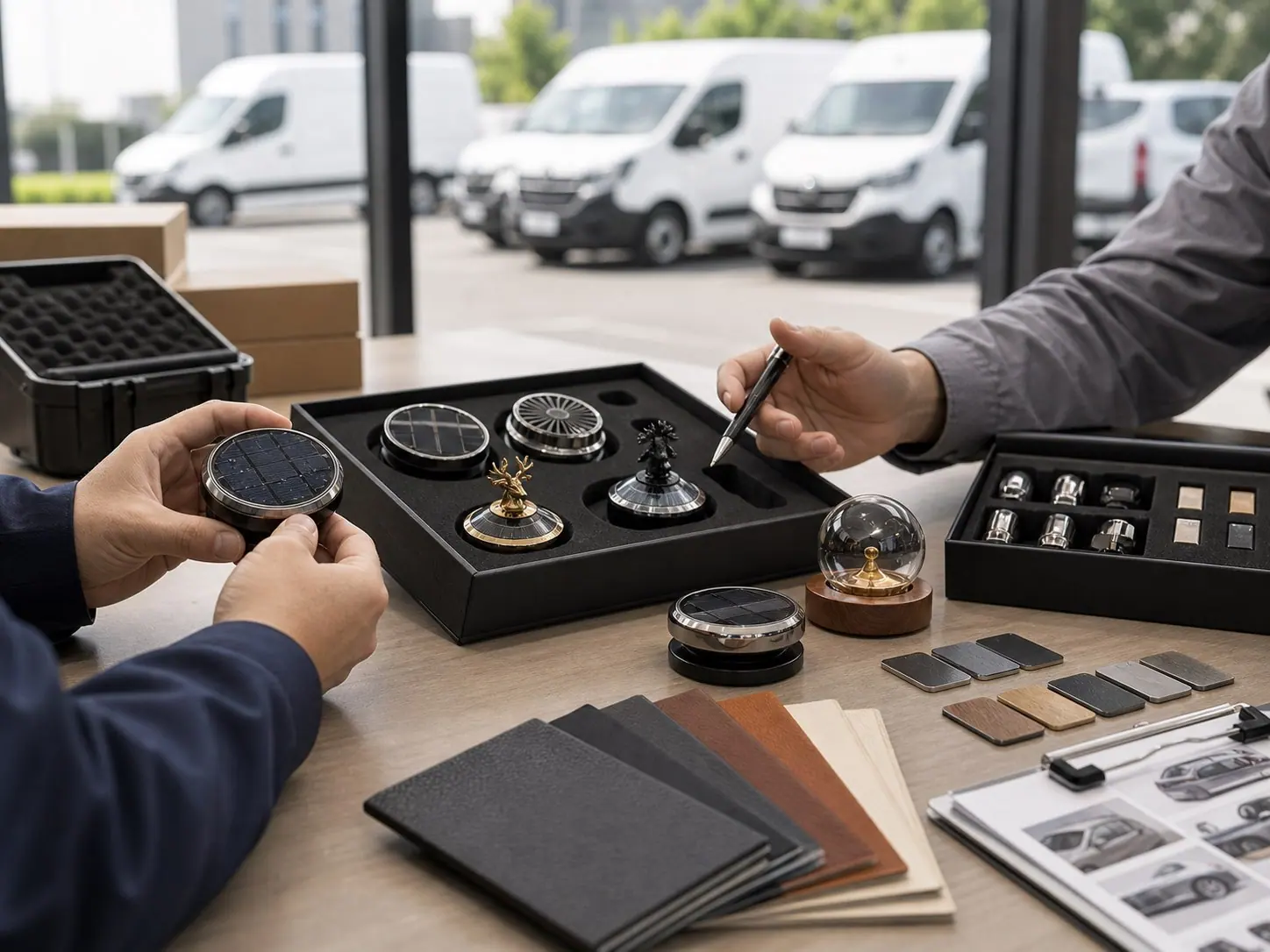 Fleet service team planning practical automotive gifts for drivers