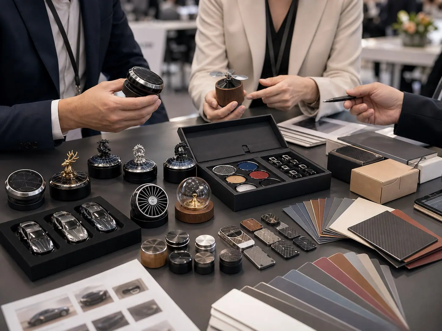Distributor team reviewing LANDRE automotive gift samples and sales materials