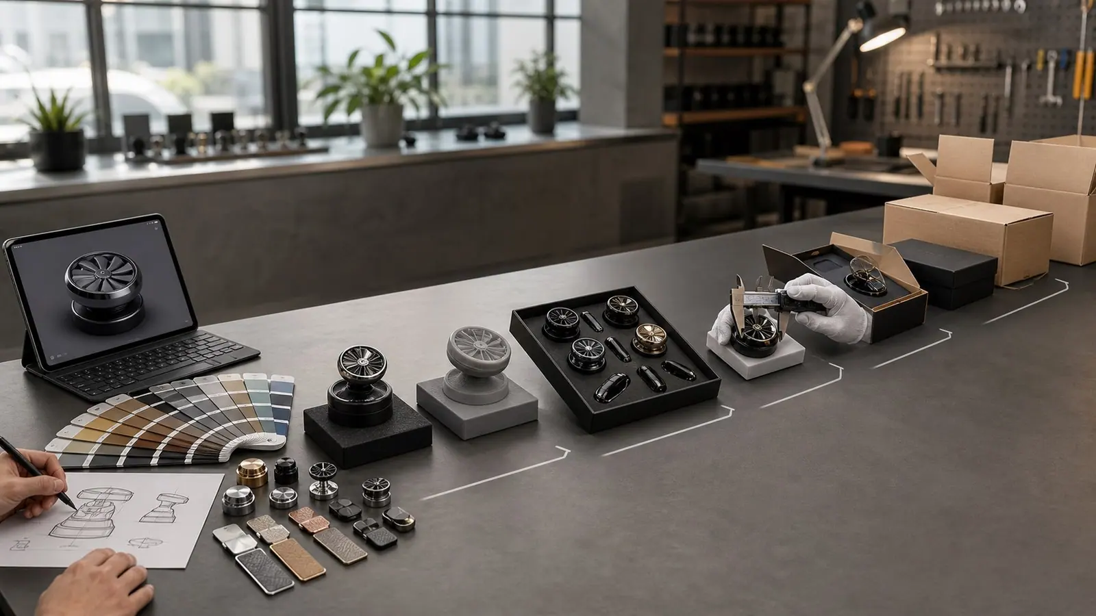 Private-label product development desk with automotive gift samples and packaging references