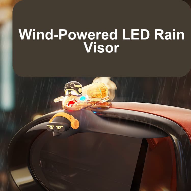 Wind-powered LED mirror rain visor accessory shown on a product background