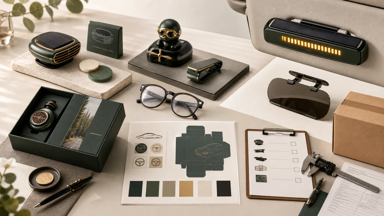 Editorial map of automotive fragrance, accessories, gift packaging, branding, quality, and export planning
