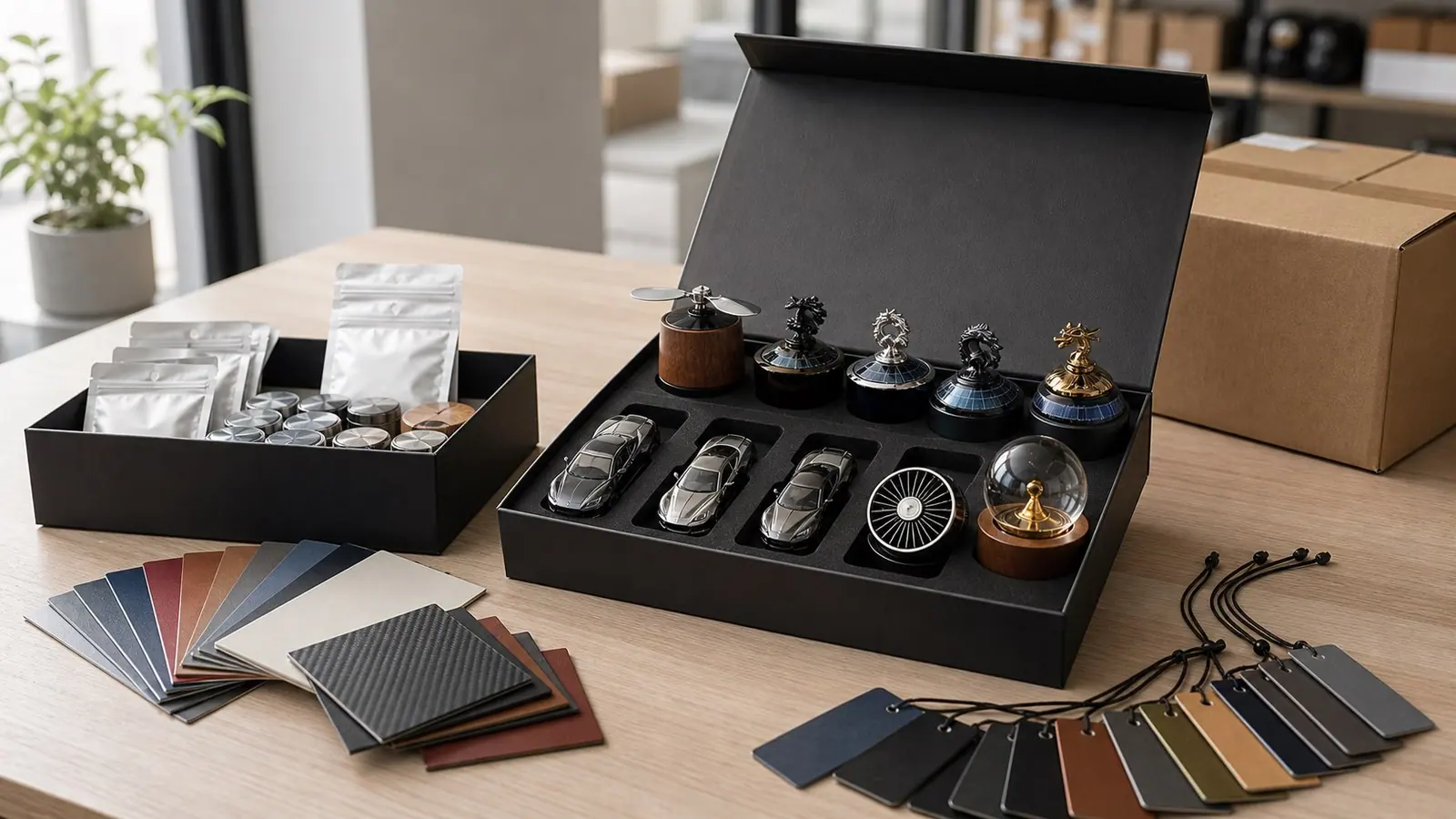 Physical automotive gift sample kit prepared for buyer approval