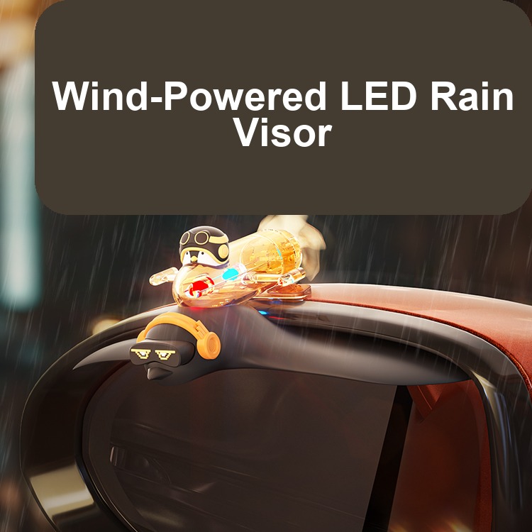 Wind-powered LED mirror rain visor accessory shown on a product background