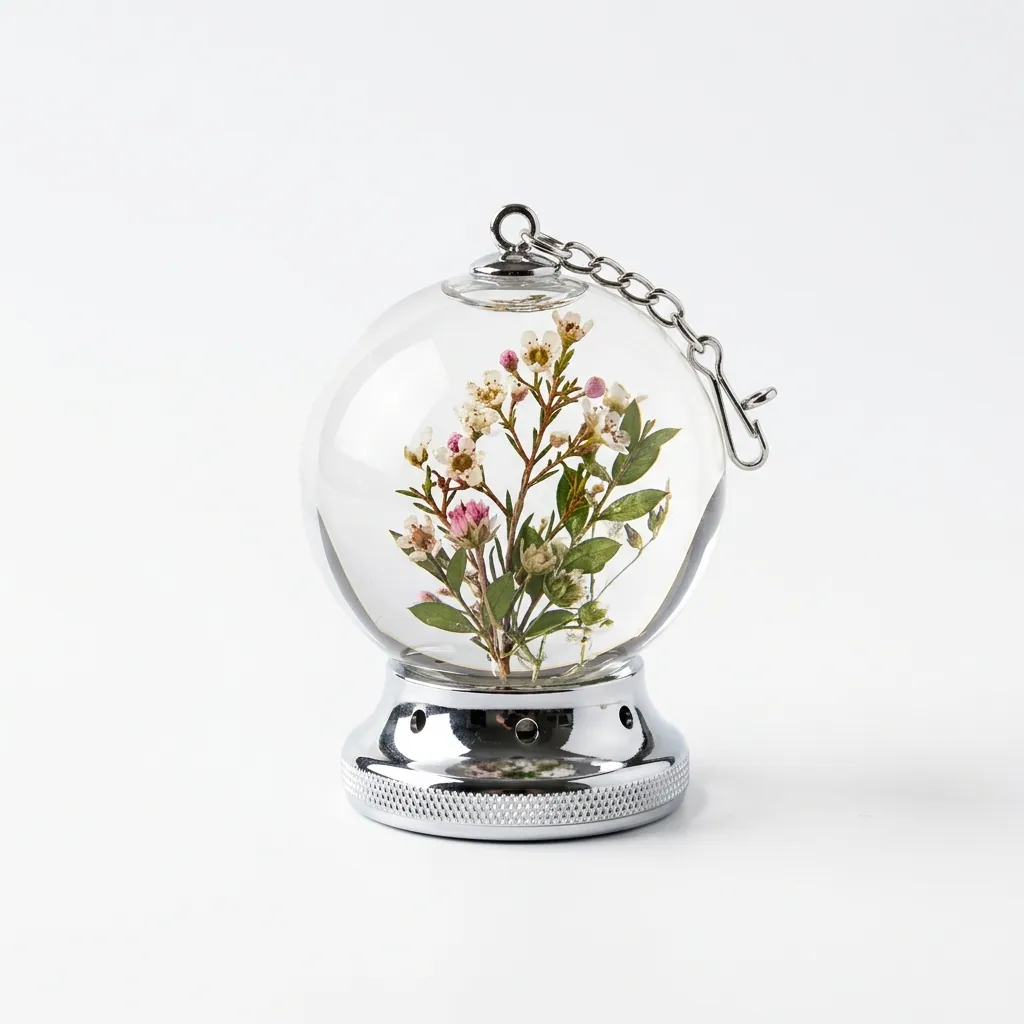 Crystal ball solar car air freshener shown as a custom automotive gift option